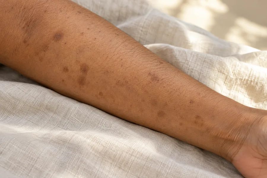 Avant-bras à peau mate présentant plusieurs taches brunes, posé sur un tissu clair.