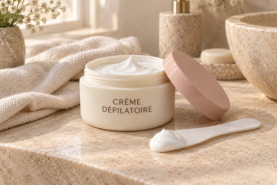 Pot ouvert de crème dépilatoire blanche avec un couvercle rose et une spatule.