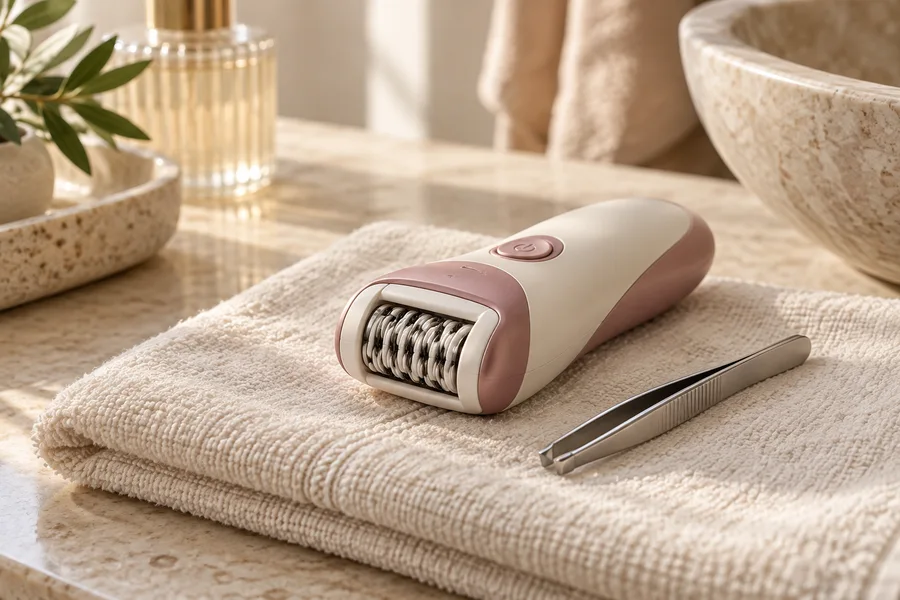 Épilateur électrique blanc et rose et pince à épiler sur une serviette claire.