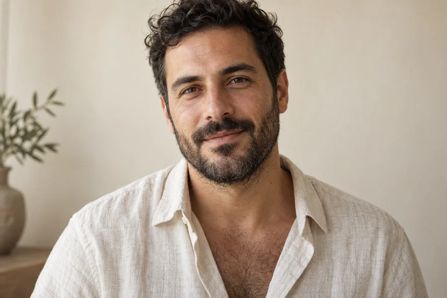 Portrait d’un homme barbu portant une chemise en lin clair.