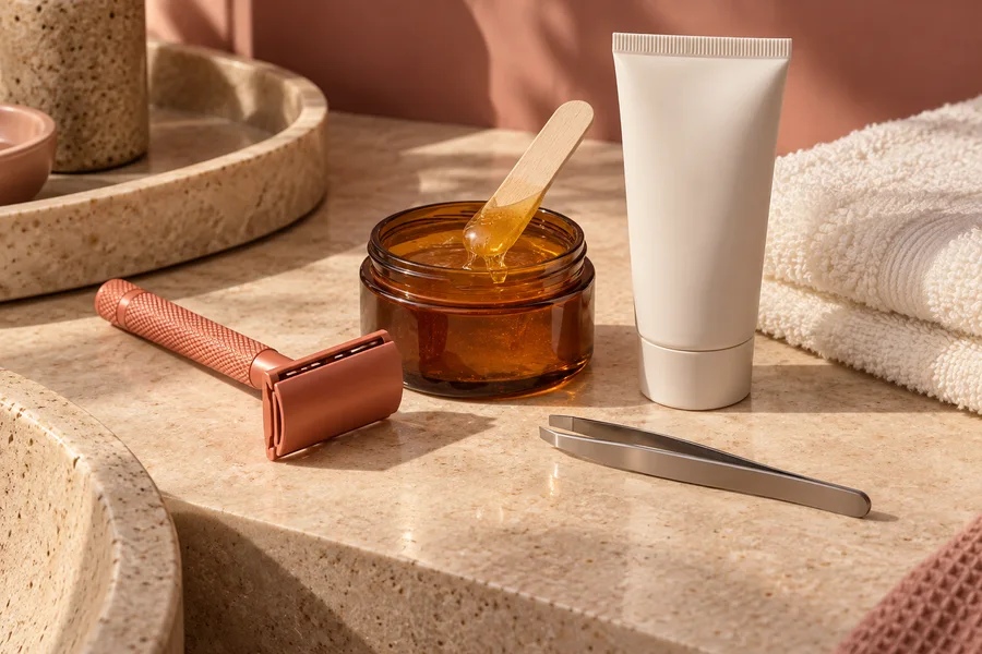 Rasoir, pot de cire, tube de crème et pince disposés sur une surface beige.