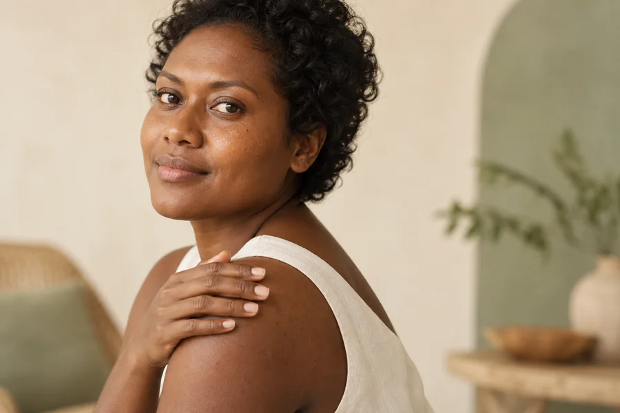 Portrait d’une femme à la peau foncée, la main posée sur son épaule.
