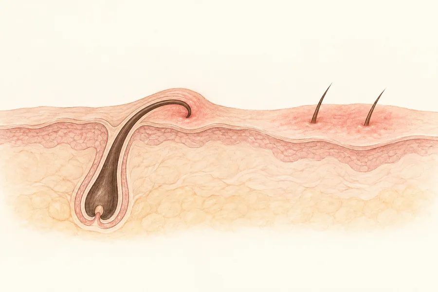 Dessin en coupe d’un poil recourbé et coincé sous la surface de la peau, à côté d’une zone irritée rosée.