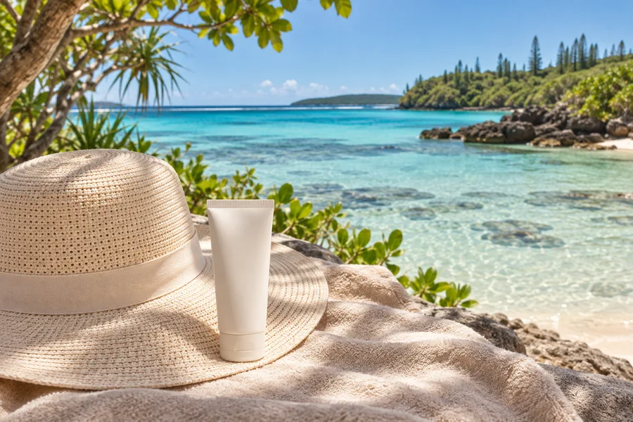 Chapeau et tube de protection solaire à l’ombre, devant un lagon tropical.